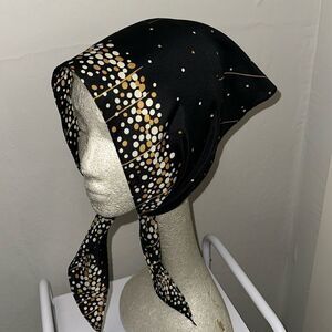 Vintage mid century black, white & gold polyester head scarf